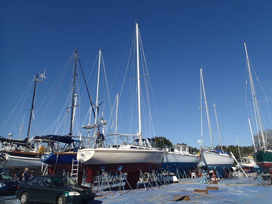 Blue Wing hanging with all the other boats in the work yard at Indiantown.