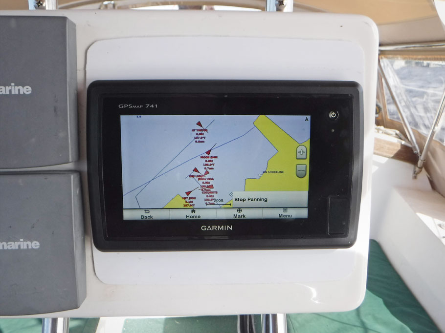 Our new Garmin Chart Plotter. The red arrows all show nearby boats. No concern, these boats are all just sitting in a marina.
