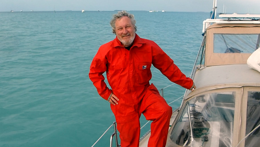 A still form our aborted video project. Greg in his foul weather gear before we weigh anchor.
