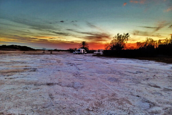 Sun sets over our camping spot by the salt flats. 